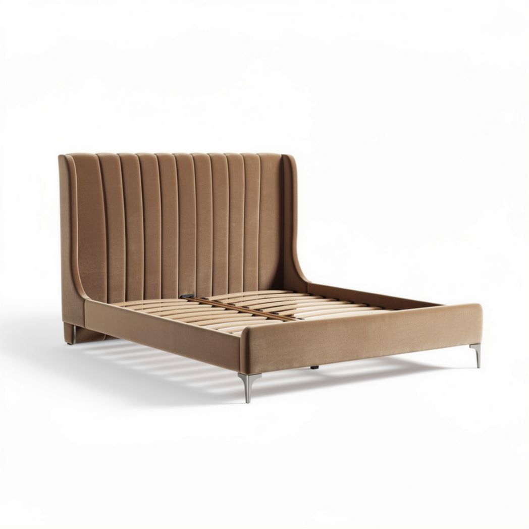 Lit en tissu beige avec tête de lit capitonnée 210 x 160 x 100cm