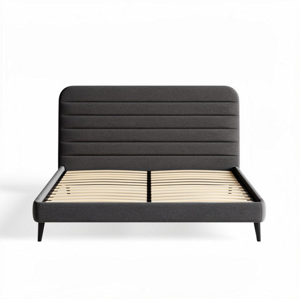 Lit en velours gris avec sommier en lattes de bois 200 x 160 x 100cm