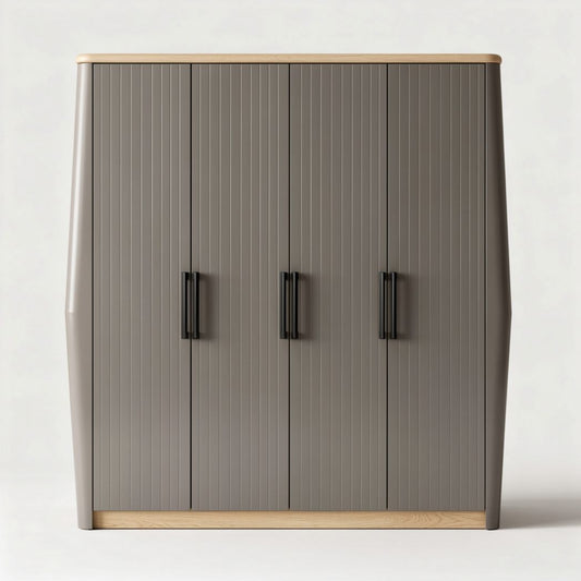 Armoire en bois et métal gris avec portes à lattes et poignées noires 120 x 40 x 150cm