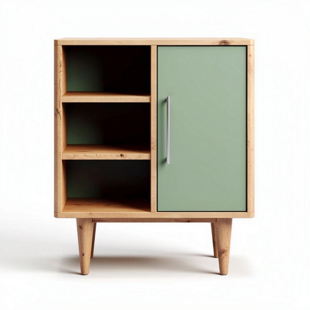 Meuble de rangement en bois avec porte verte et étagères ouvertes 80 x 40 x 80cm