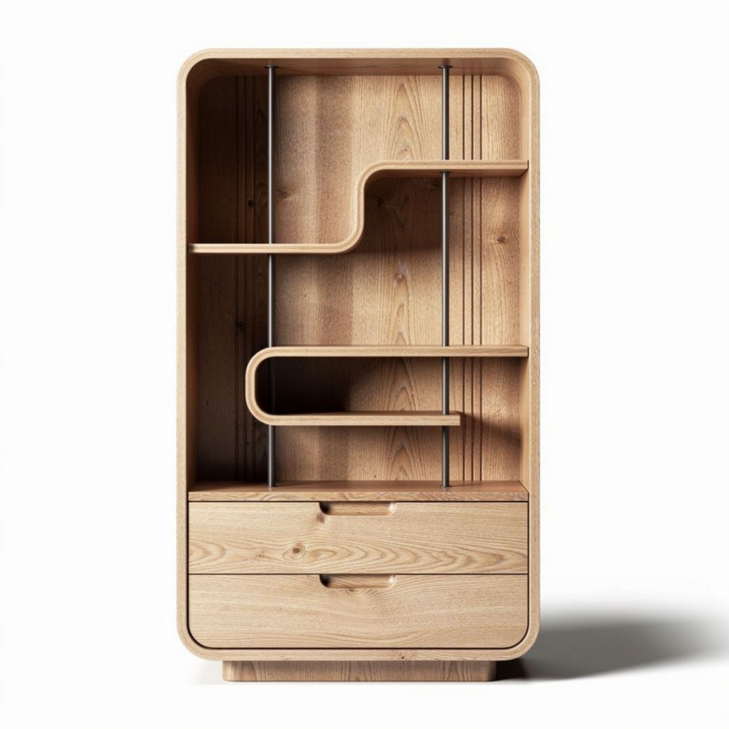 Bibliothèque en bois naturel avec étagères asymétriques et tiroir 80 x 40 x 150cm