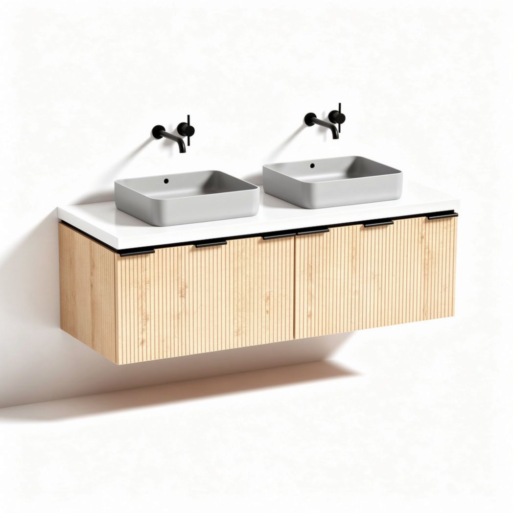 Meuble de salle de bain suspendu en bois avec double vasque grise 90 x 50 x 45cm