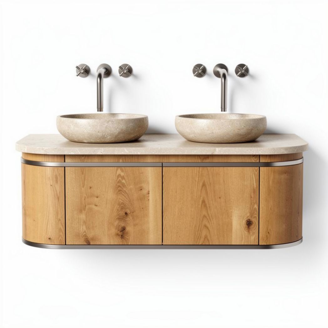 Meuble de salle de bains en bois avec lavabo double en pierre 80 x 40 x 20cm