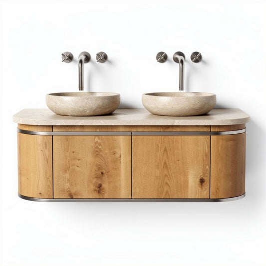 Meuble de salle de bains en bois avec lavabo double en pierre 80 x 40 x 20cm