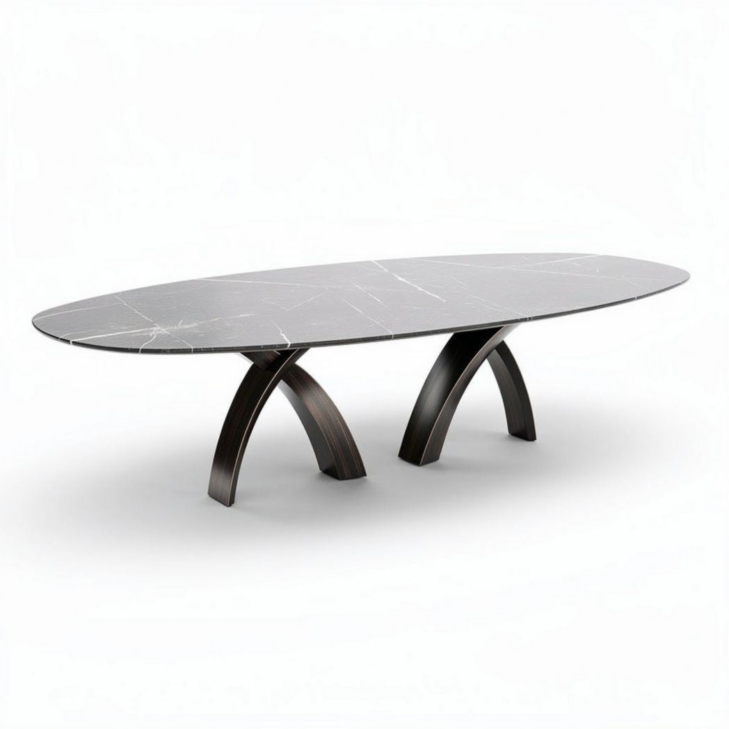 Table en marbre noir ovalisée 240 x 100 x 75cm avec pieds en bois moderne