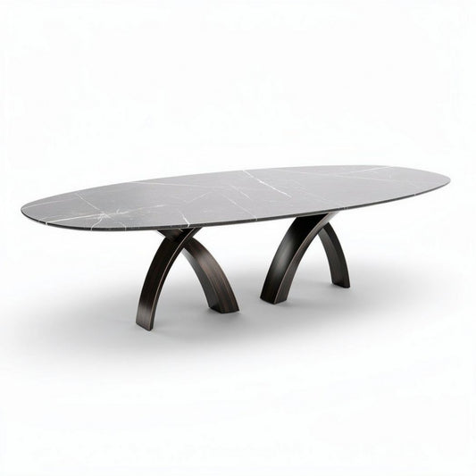 Table en marbre noir ovalisée 240 x 100 x 75cm avec pieds en bois moderne