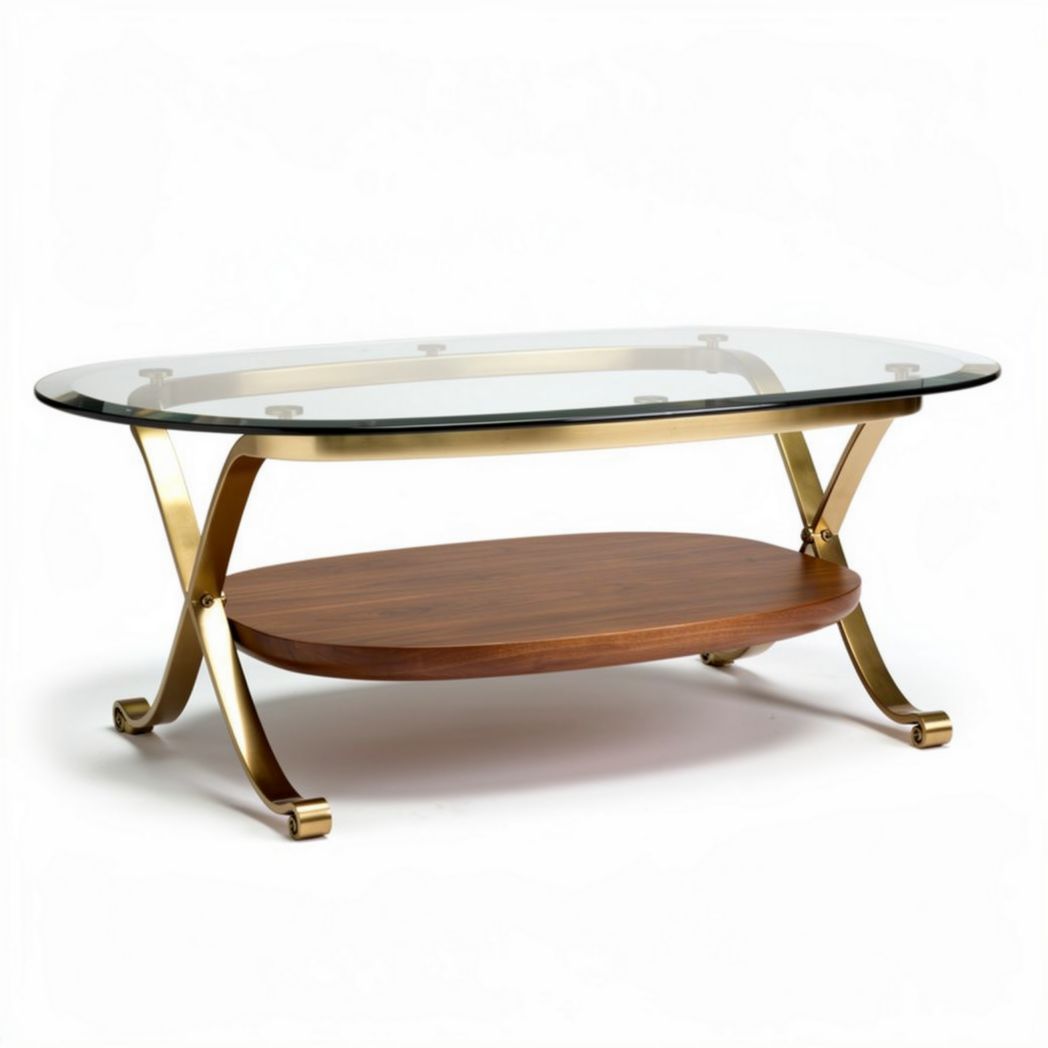 Table basse en verre et bois 120 x 60 x 45cm avec structure en métal doré
